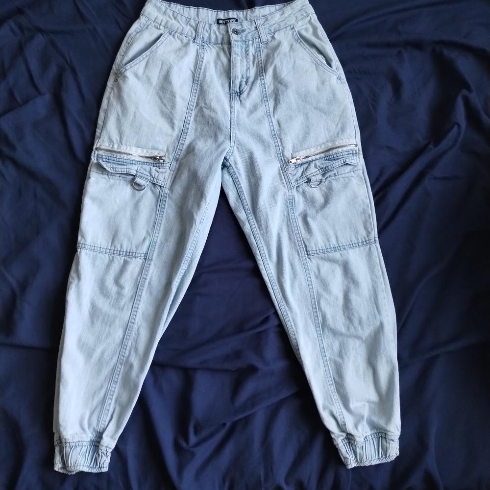 Hot Topic Tapered Balloon Mom Jeans Sz 3 Cargo Pockets Acid Wash